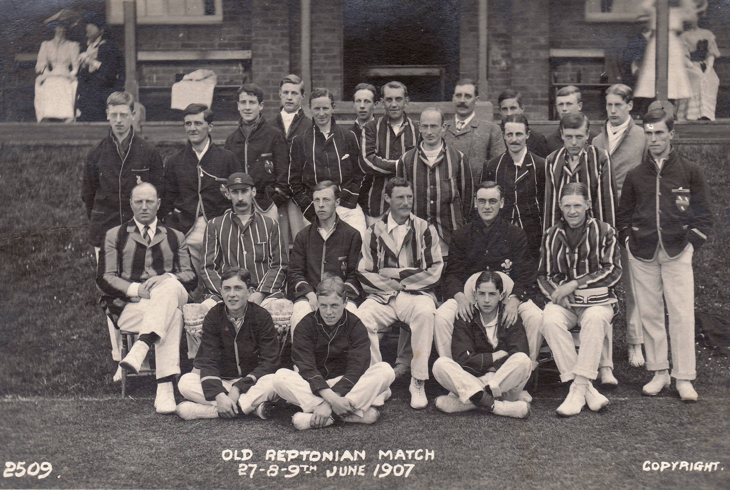 Standing (L to R): CG Vickers, WT Greswell, JLS Vidler, RHT Turner, FW Twigg, VH Armitage, Rev FA Lee, FRD'O Monro, RL Sinclair, R Sale (Snr) [behind], WH Twigg, AE Cardew [behind], C Cursham, J Thwaites, CE Squire. Seated on chairs (L to R): T Horton, FGJ Ford, HS Altham, JH Kelsey, JN Crawford, NVC Turner. Seated on ground (L to R): IPF Campbell, AT Sharp, DF FitzGibbon.